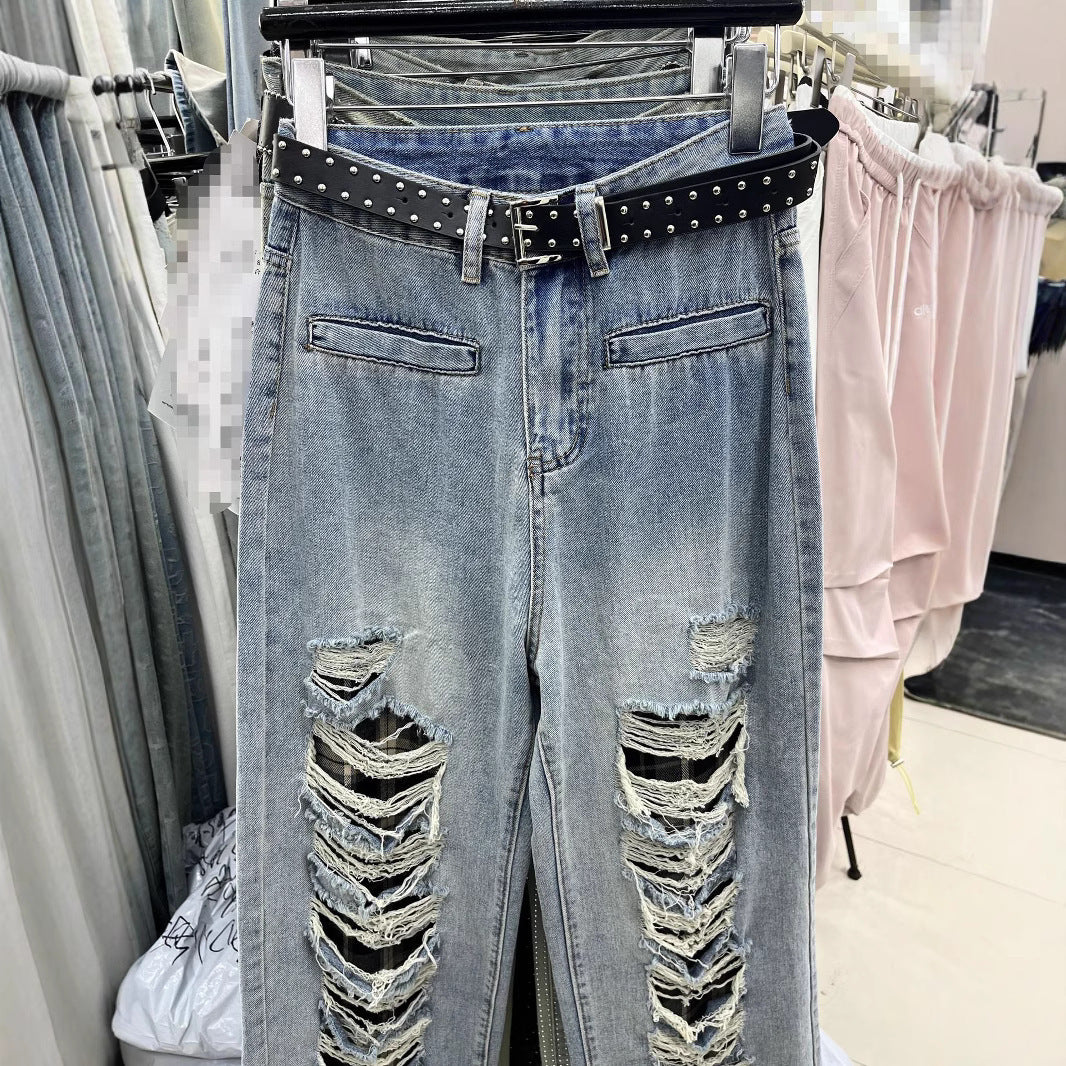 Blue With Holes Design Straight Jeans