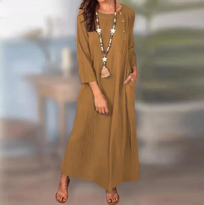 Spring And Summer Plain Long Sleeve Weave Vintage Long Dress
