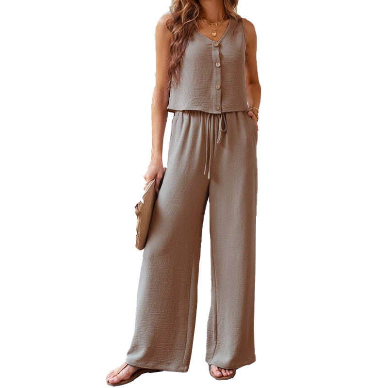 Women Sleeveless Vest Wide Leg Pants Two-piece Suit - BabynBeauty