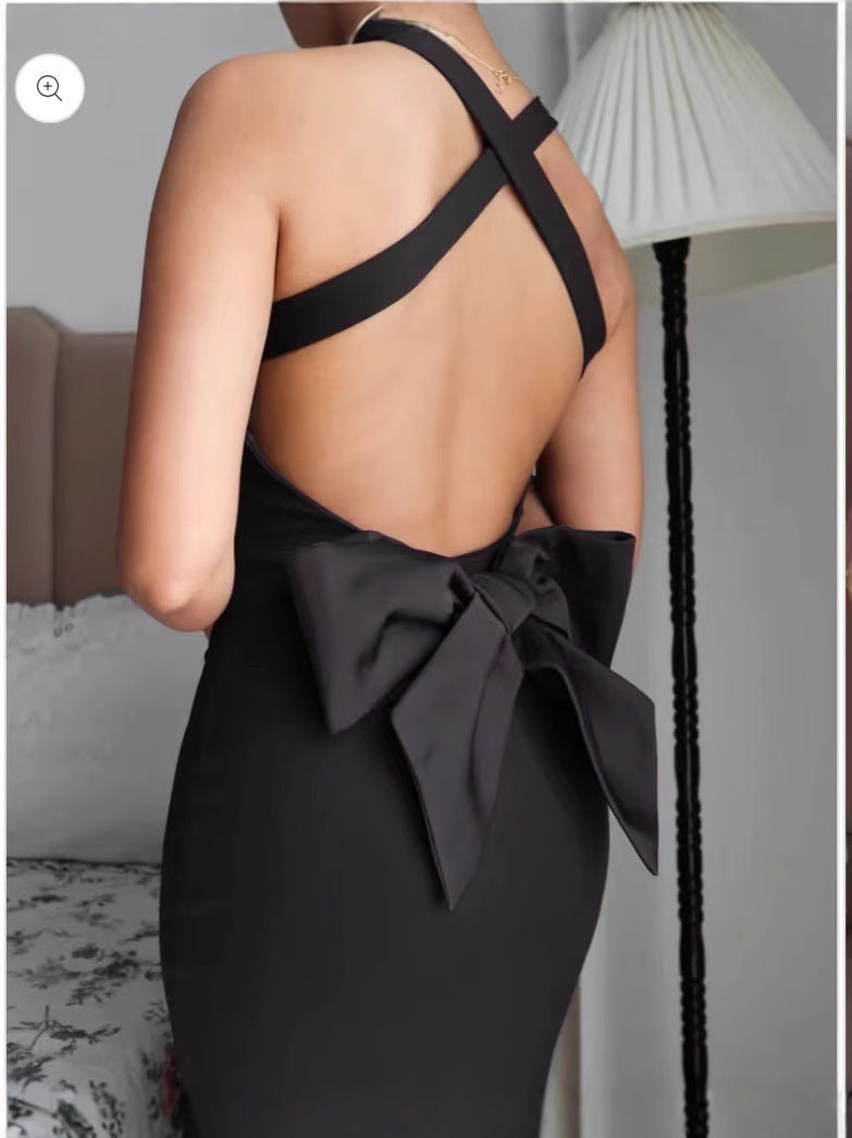 Women Backless Solid Color Slim Cute Dress