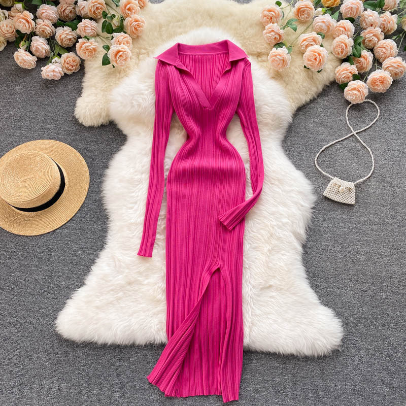 Feminine Waist And Hip Stretch Knitted Long Sleeved Split Hip Skirt