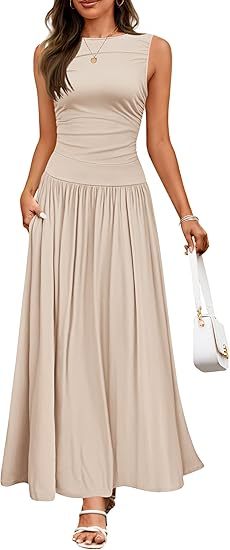 Women's Summer Sleeveless Maxi Dress Casual Round Neck Pleated Elegant Maxi Dress With Pockets