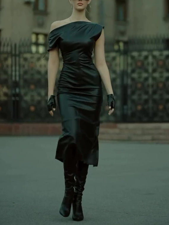 Elegant Polyester Shoulder Leather Dress - BabynBeauty
