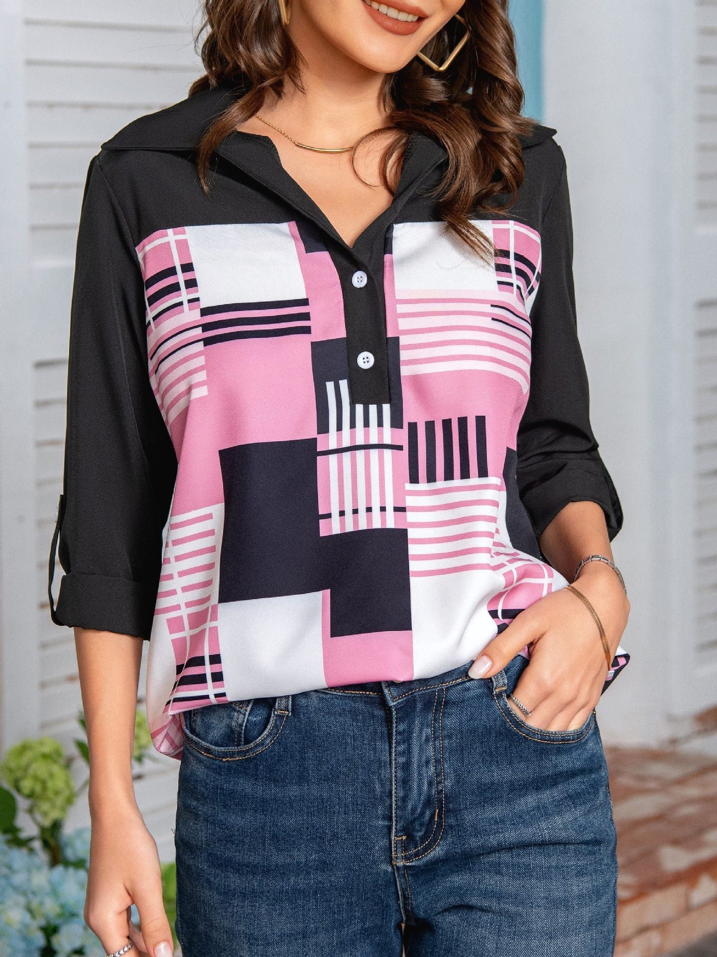 Three-quarter Sleeve European And American Ladies Fashion Printed Shirt