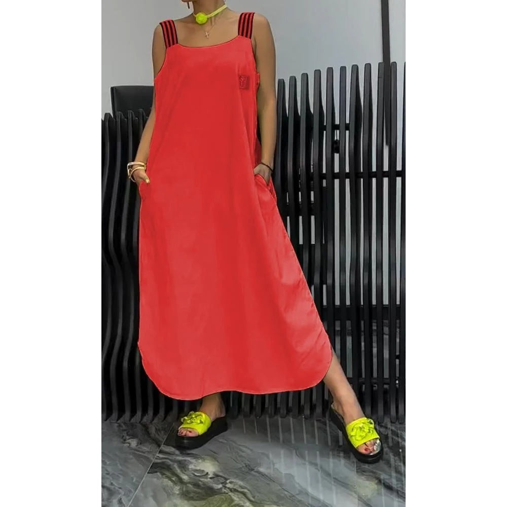 Casual Cotton And Linen Pocket Striped Shoulder Strap Skirt