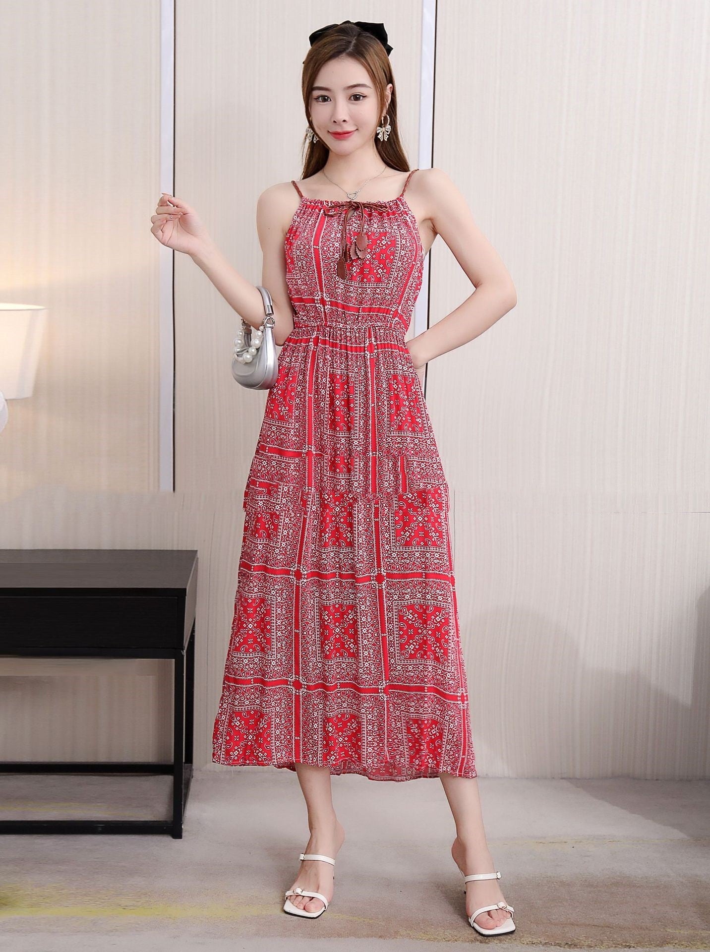 Ethnic Style Dress Women's Cotton Silk Belt Beach Dress With Suspenders