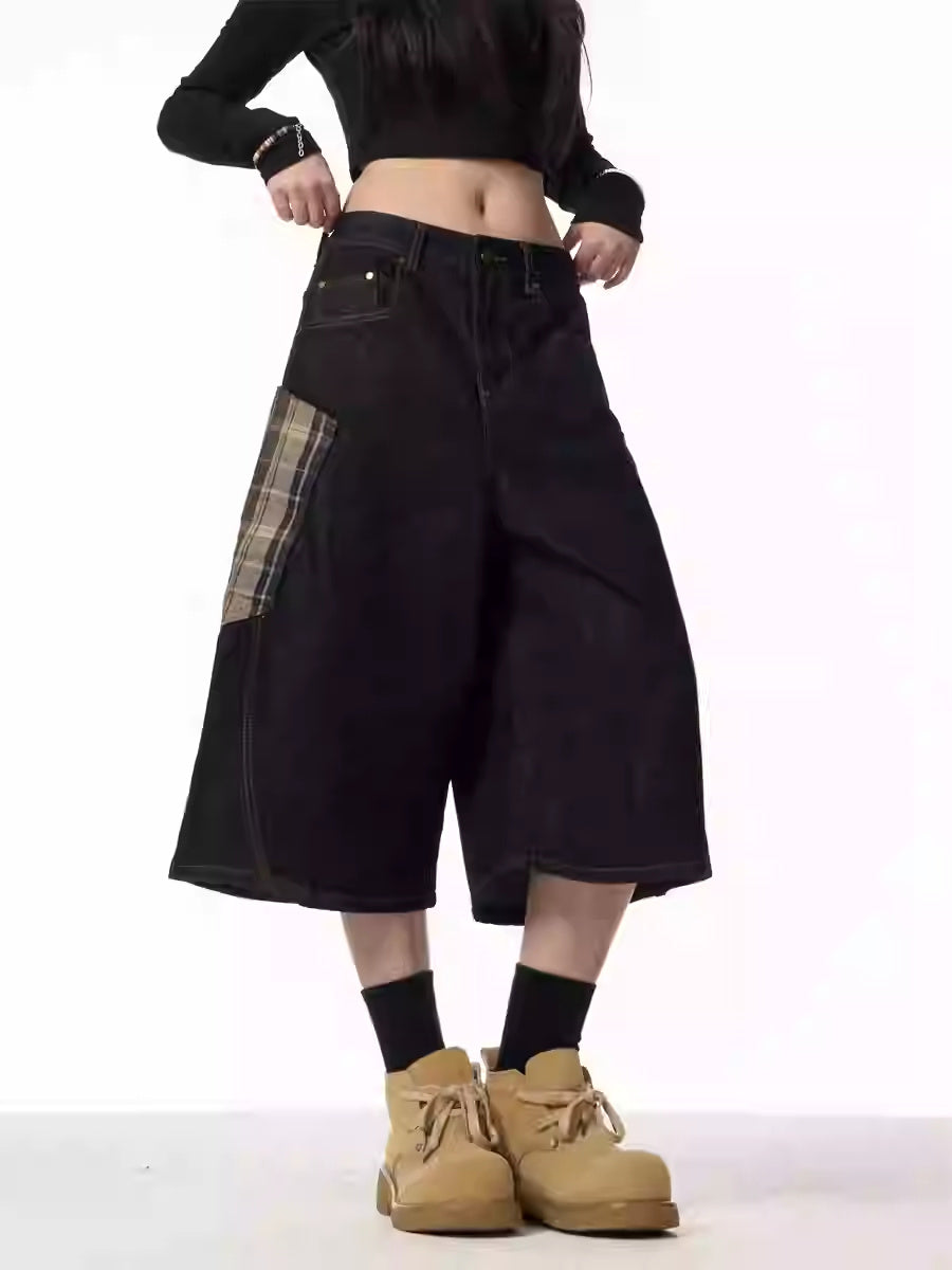 Plaid Patchwork Washed Radish Jeans For Women