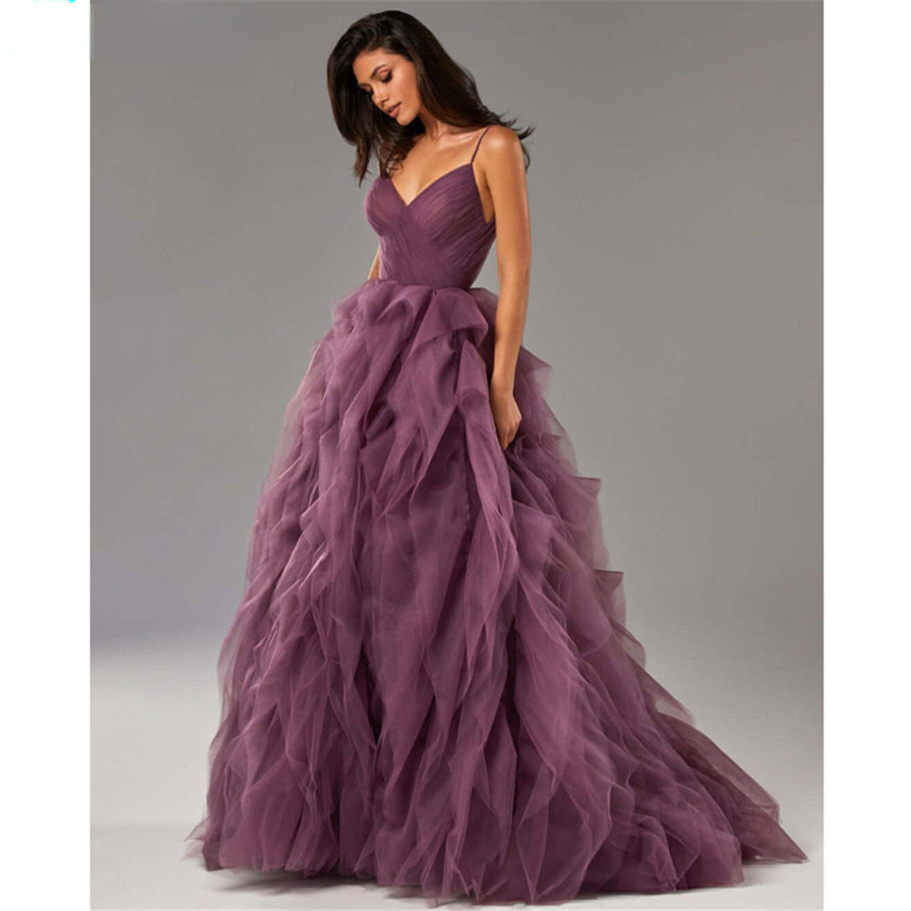 Evening Gown Prom Irregular Spaghetti-strap Mesh Long Dress - BabynBeauty