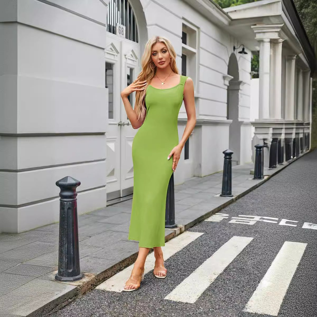 Square Collar Cap Sleeve Tight Fishtail Extra Long Dress Women
