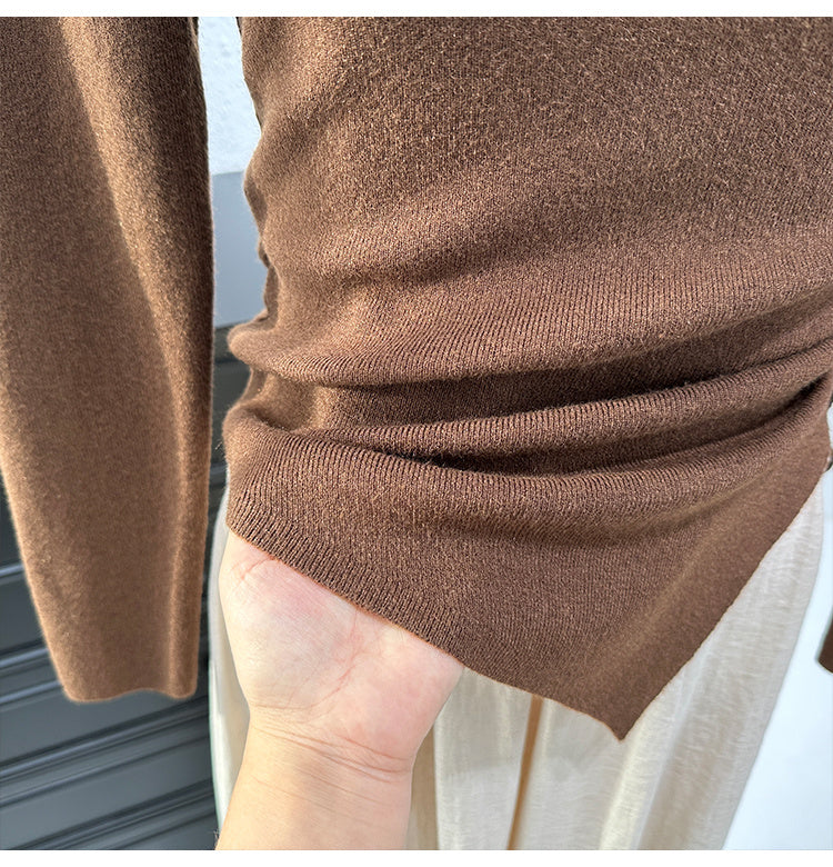Knitted Long-sleeved T-shirt Women's Slim Bottoming Shirt Pleating Split Top