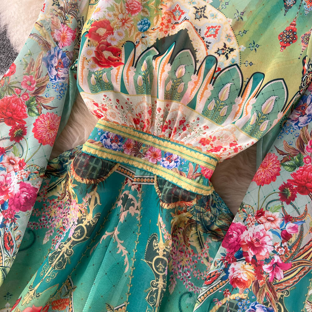 Ethnic Retro Deep V Neck Lantern Sleeve Print Dress - BabynBeauty