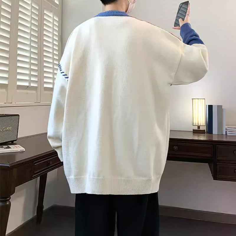 Ins Colorblock Pullover Sweater Winter Fashion Long Sleeve Knitted Top Men's Clothing