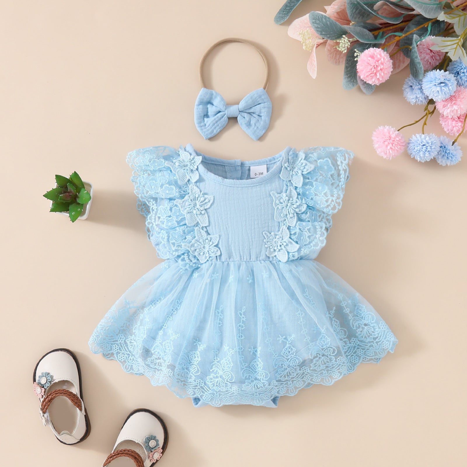 2025 Summer Baby Girl Sweet Sleeveless Lace Triangle Rompers Mesh Lace Flower Dress - BabynBeauty