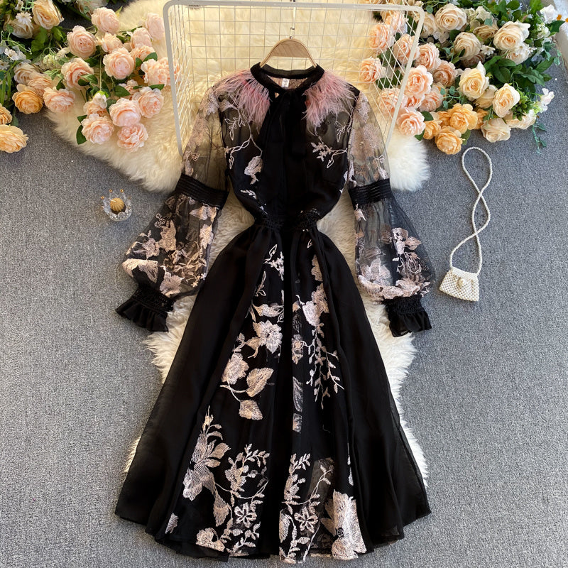 Heavy Industry Embroidered Flowers Ostrich Fur Lace Dress - BabynBeauty