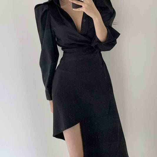 Temperament Lapel Waist Irregular Shirt Dress Women