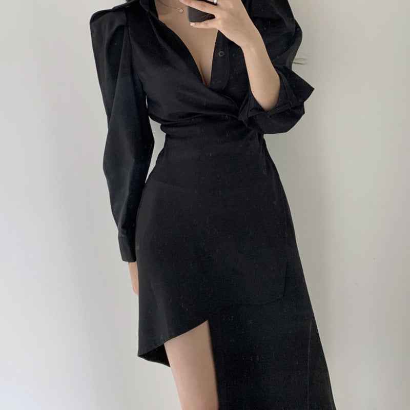 Temperament Lapel Waist Irregular Shirt Dress Women