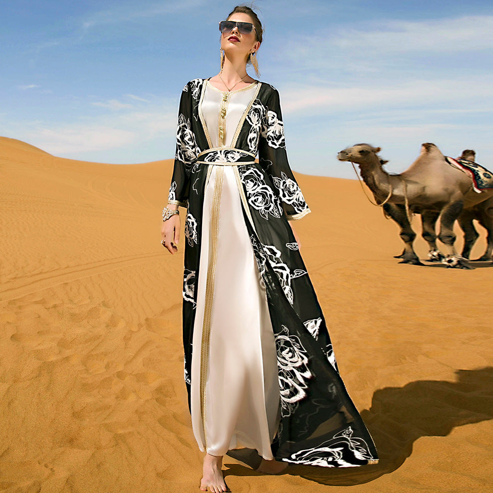 Black And White Flower Embroidery Two-piece Ladies Long With Belt Ethnic Style Dress