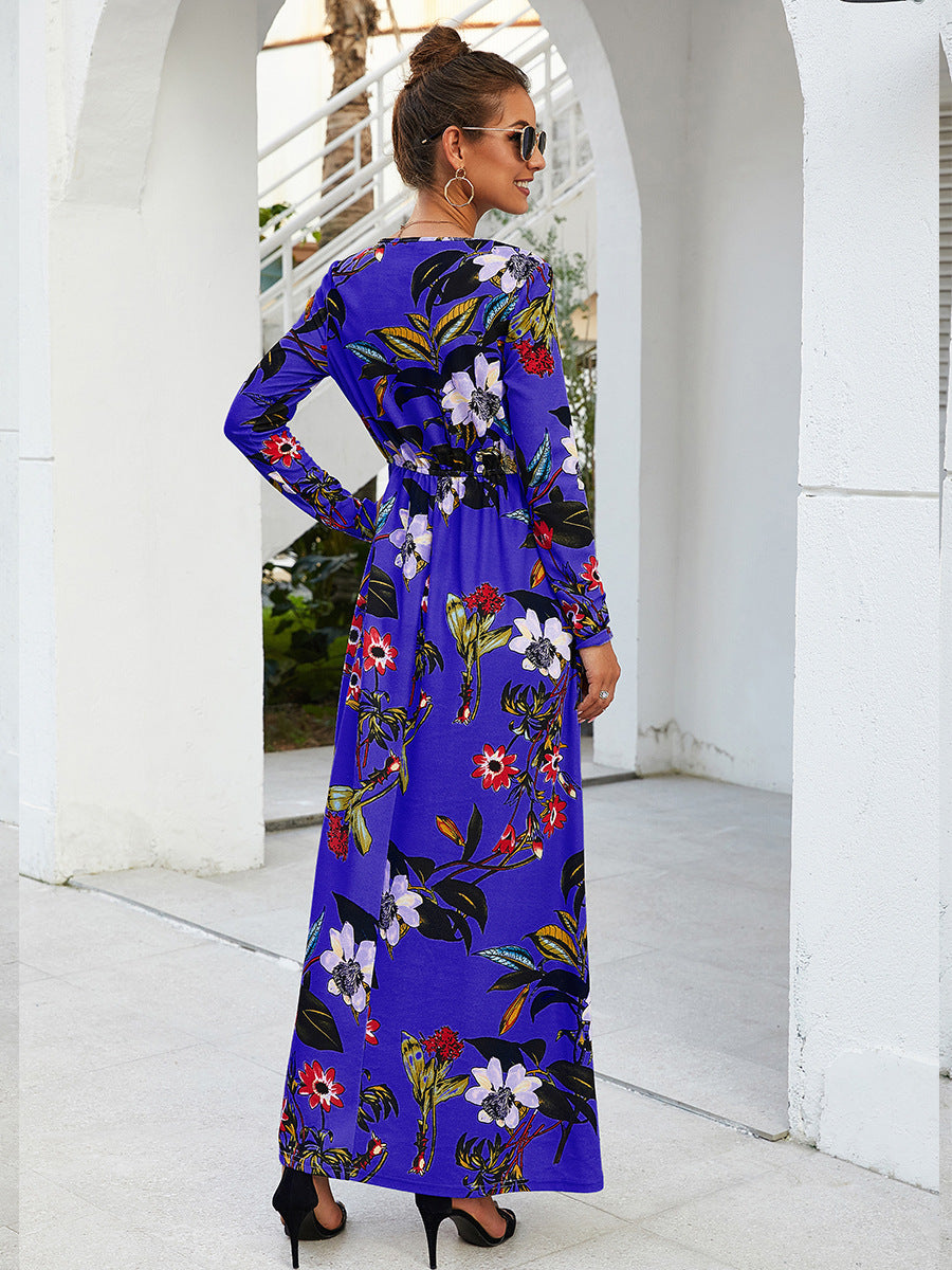 Printed Round Neck Long Sleeve Pocket Waist Dress
