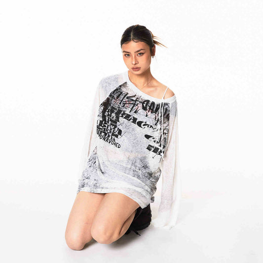 Micro Transparent One-shoulder Cold-shoulder T-shirt Women's Spray Paint Top