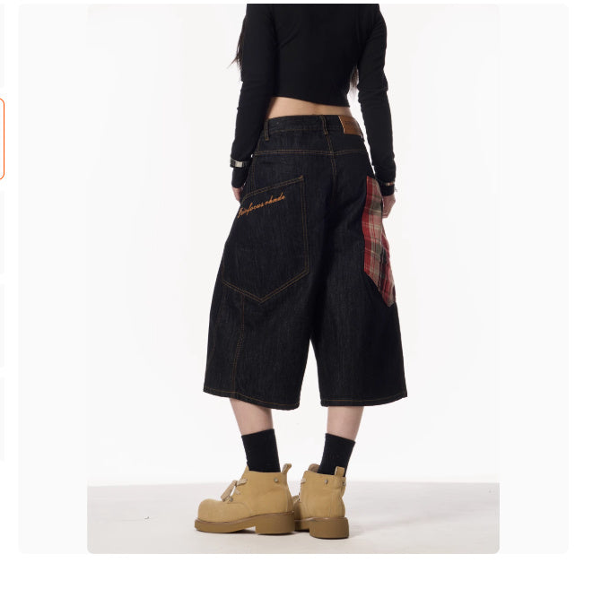 Plaid Patchwork Washed Radish Jeans For Women