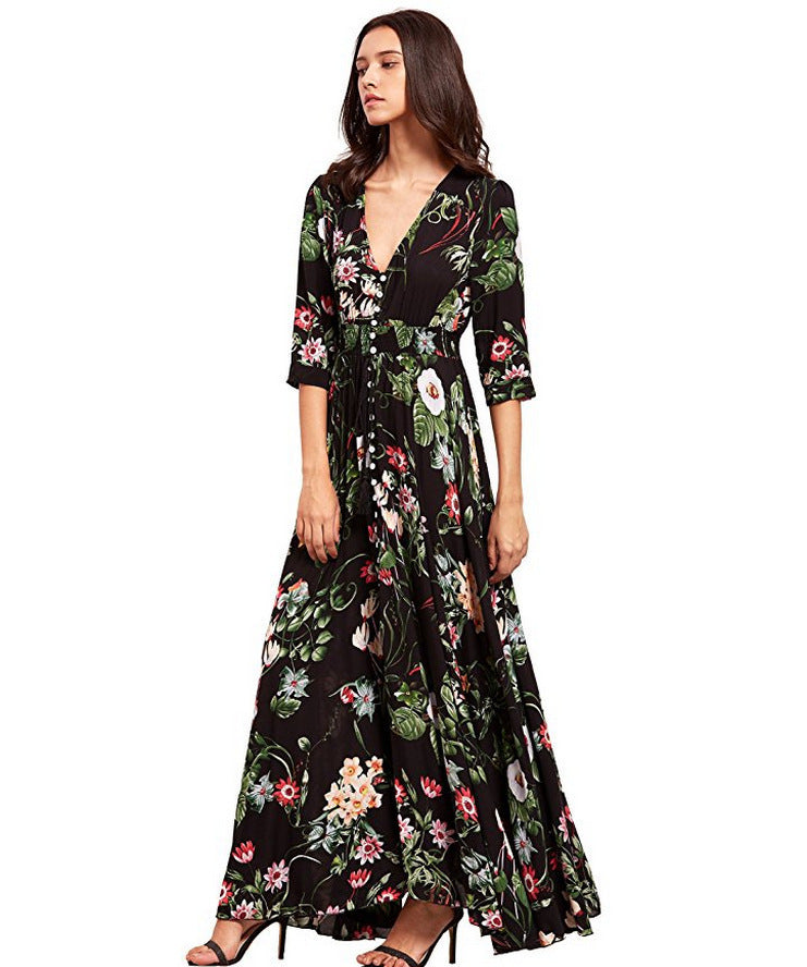 Ethnic Pattern Holiday Style V-neck Loose Long Dress