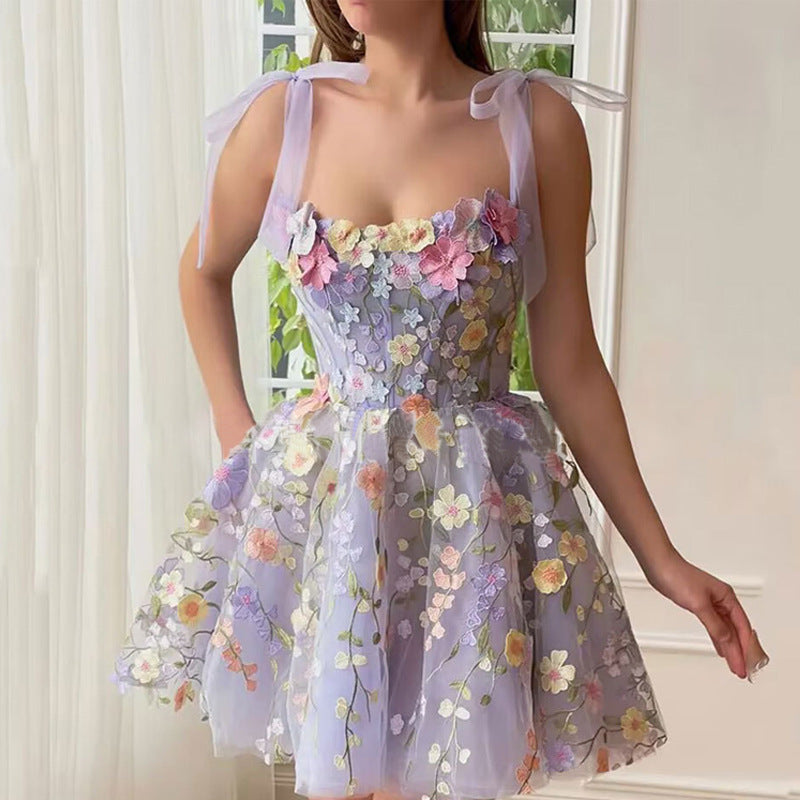 Three-dimensional Flower Embroidered Sheath Sexy Sling Dress - BabynBeauty