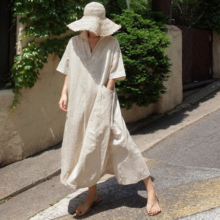 Overknee Long Korean Style Loose Linen Shirt Skirt
