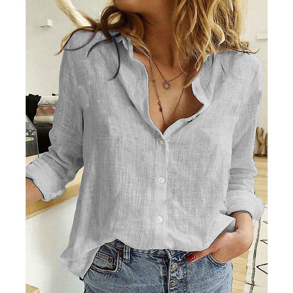 Lapel Long Sleeve Shirt Fashion Solid Color Button Top Women's Clothing