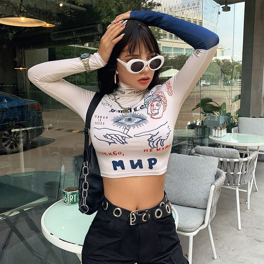 Turtleneck exposed navel tight sports casual top