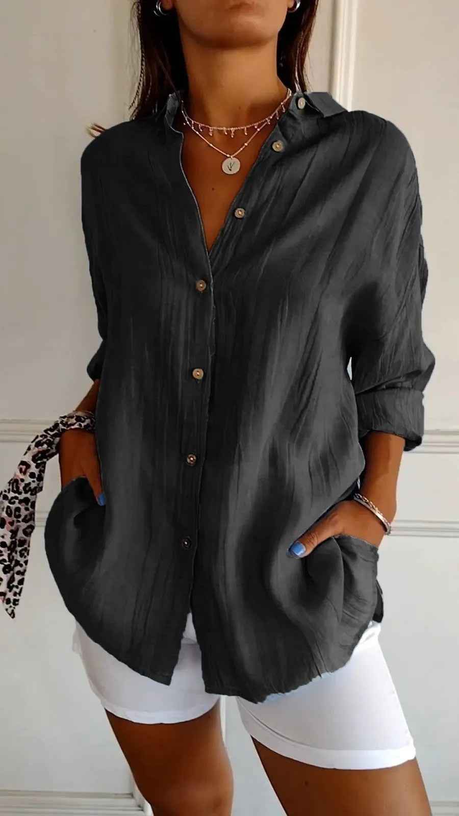 Popular Spring And Summer New Women's Loose Open Button Shirt Solid Color Top