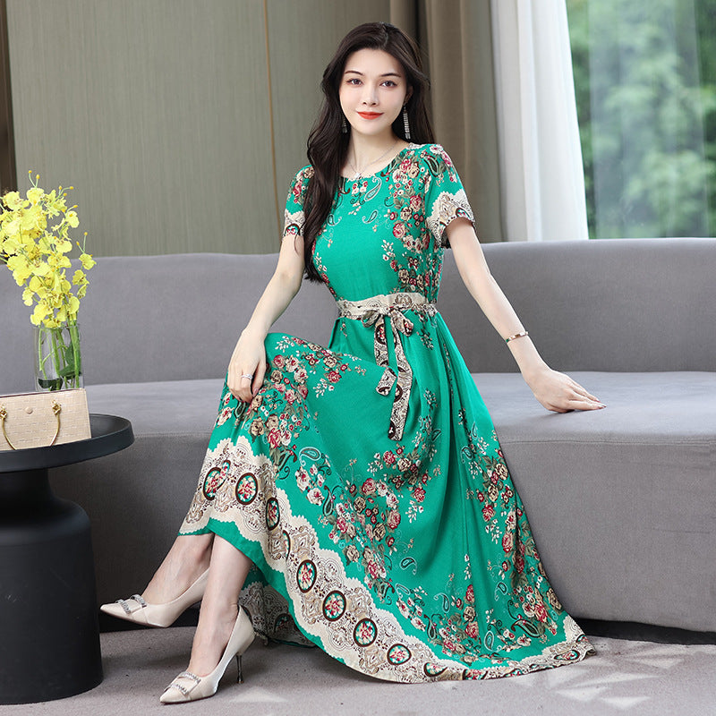 Women's Noil Poplin Dress Ethnic Style Summer Artificial Cotton Slim Fit Large Swing Skirt Short Sleeve