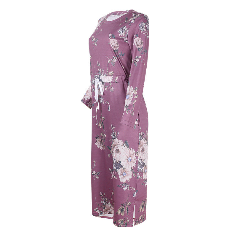 Women Printed Long Sleeve Round Neck Waist Pocket Dress