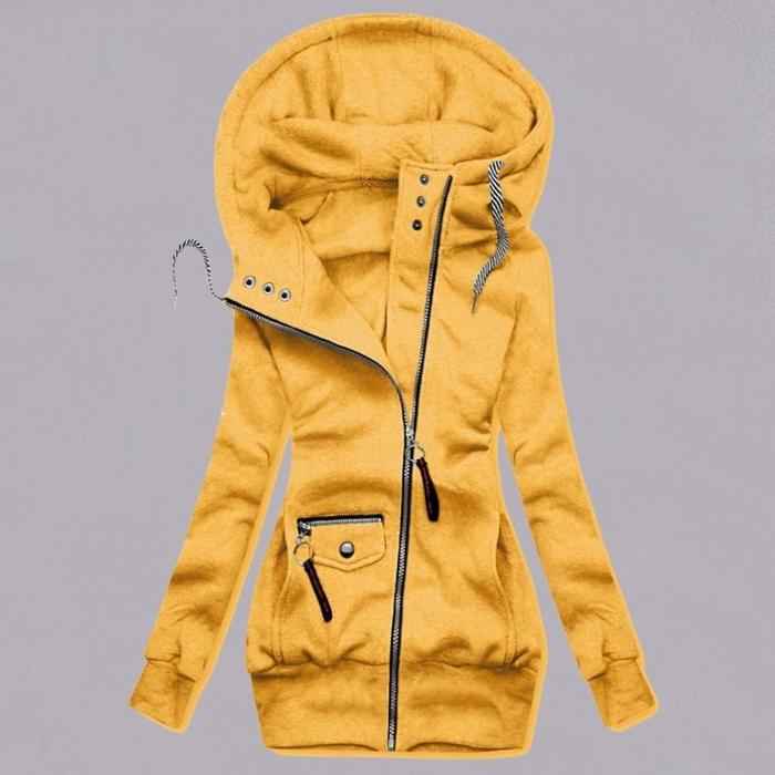 Autumn and winter stitching drawstring hooded slim coat
