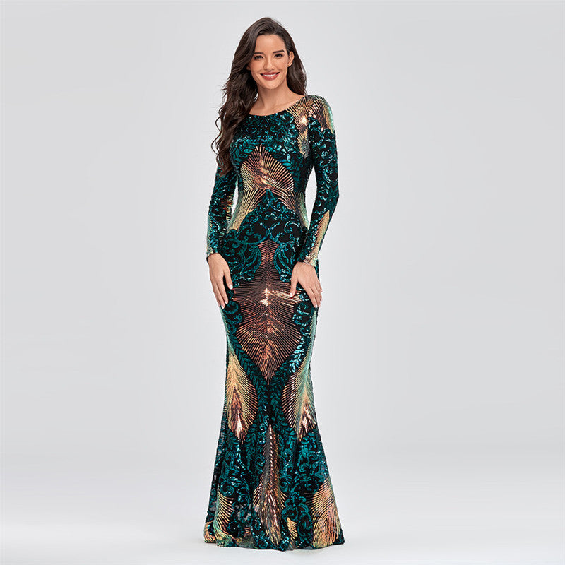 High Waist Long Sleeve Round Neck Halter Sequined Mermaid Evening Dress