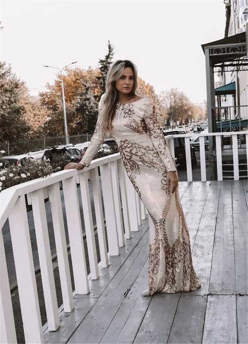 High Waist Long Sleeve Round Neck Halter Sequined Mermaid Evening Dress