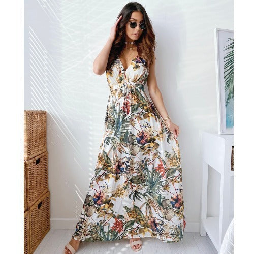 Vintage Print Lace Halter Dress Elegant V-Neck Halter Sleeveless Evening Dress Ladies Sexy Slim Elastic Waist Dress
