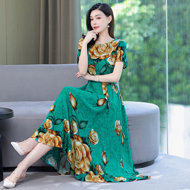 Women's Noil Poplin Dress Ethnic Style Summer Artificial Cotton Slim Fit Large Swing Skirt Short Sleeve