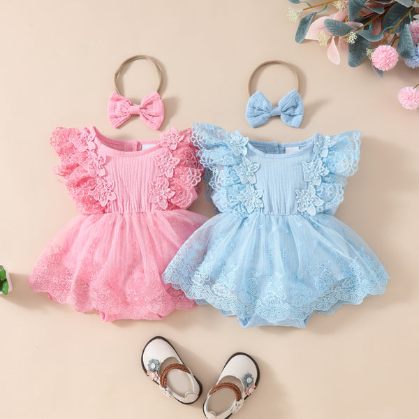 2025 Summer Baby Girl Sweet Sleeveless Lace Triangle Rompers Mesh Lace Flower Dress - BabynBeauty