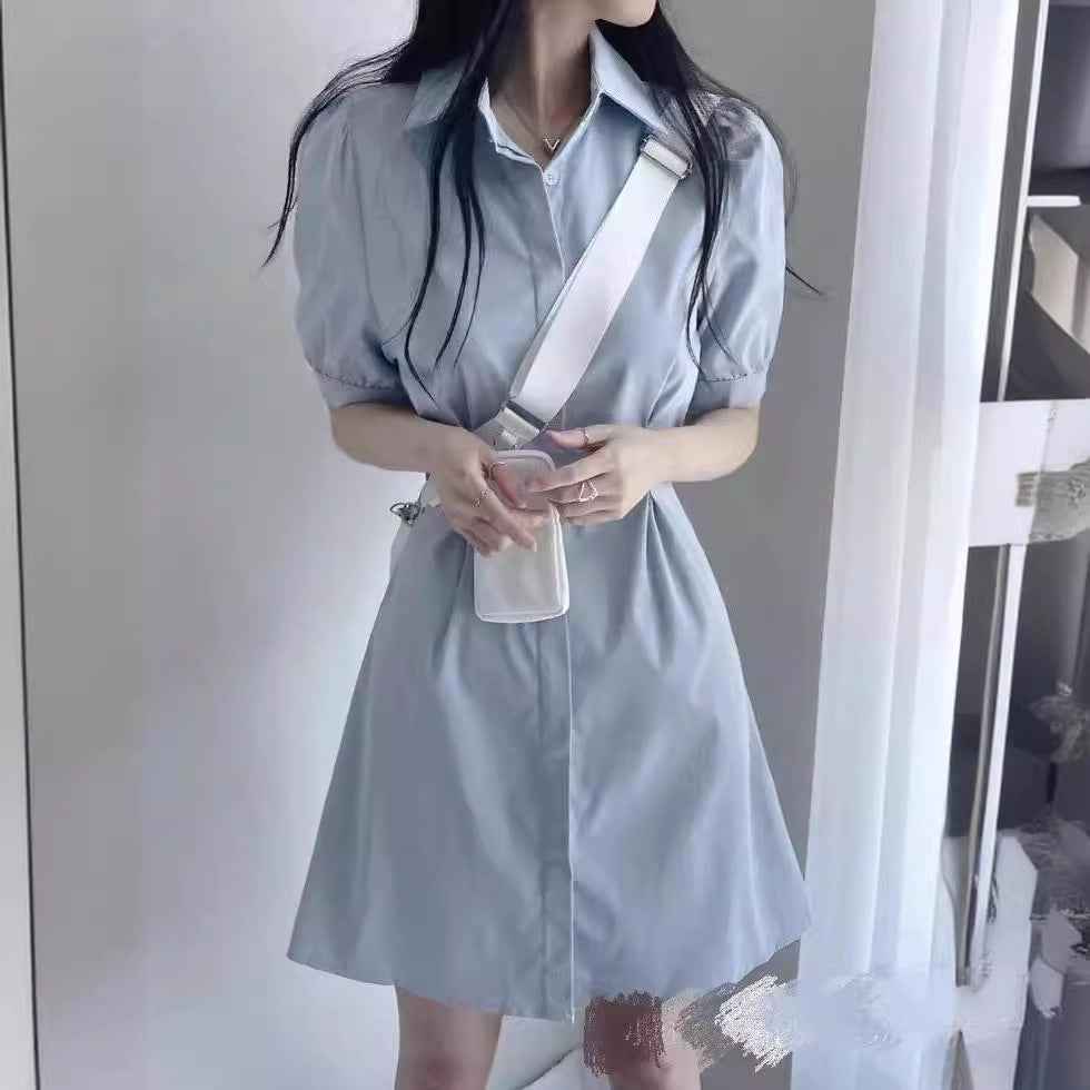 Blue Polo Collar Shirt Dress Women