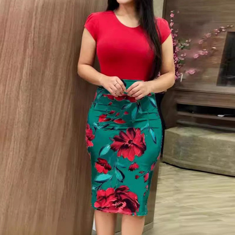 Women's Round Neck Multicolor Flower Sheath Dress - BabynBeauty