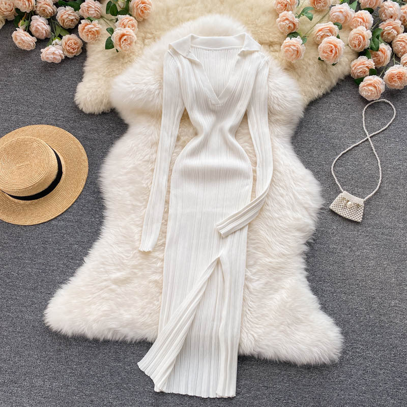 Feminine Waist And Hip Stretch Knitted Long Sleeved Split Hip Skirt
