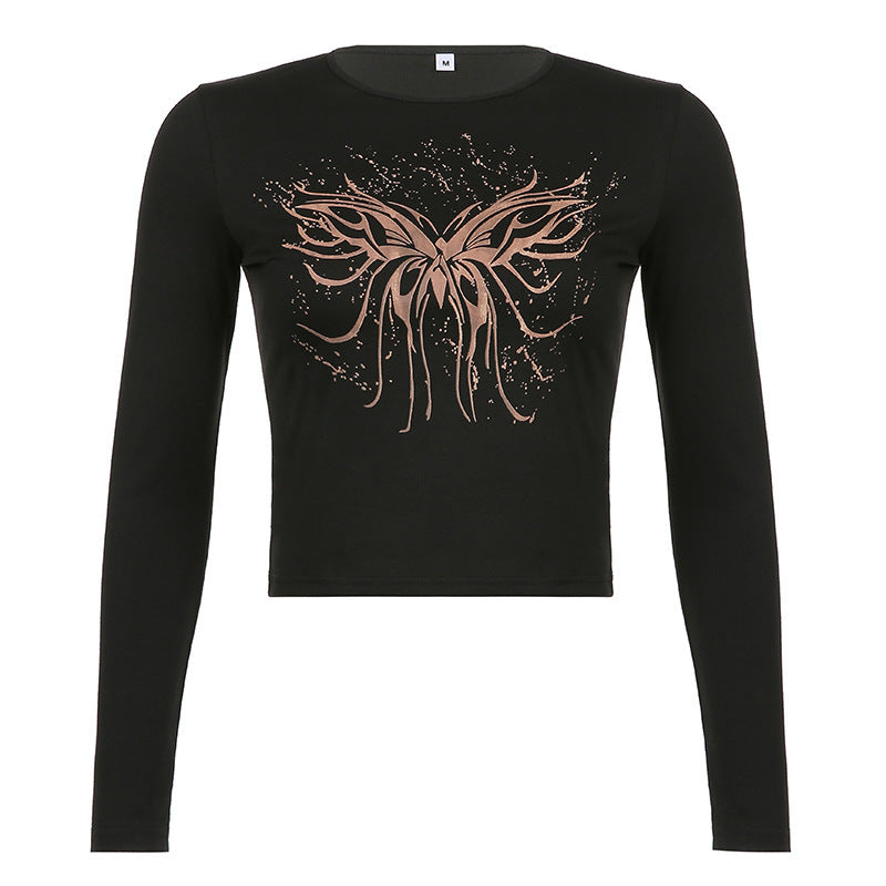 Sexy Butterfly Print Slim Round Neck Long Sleeve T-shirt Women