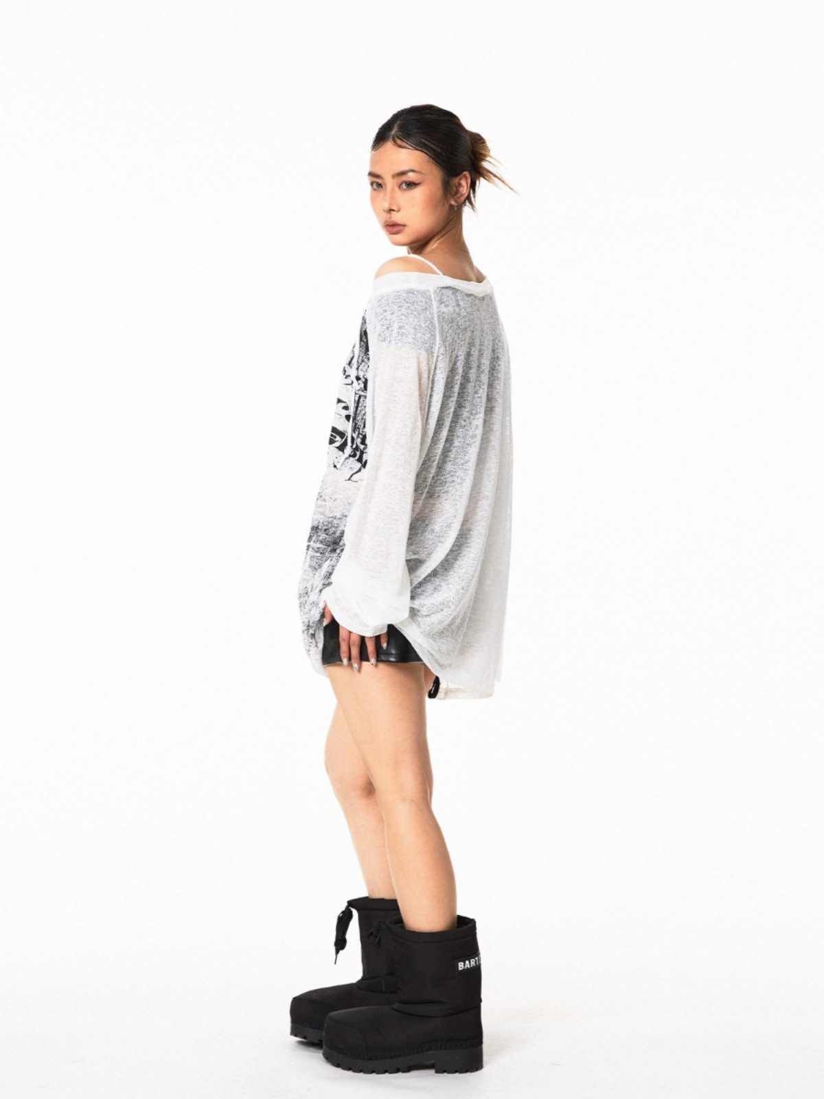 Micro Transparent One-shoulder Cold-shoulder T-shirt Women's Spray Paint Top