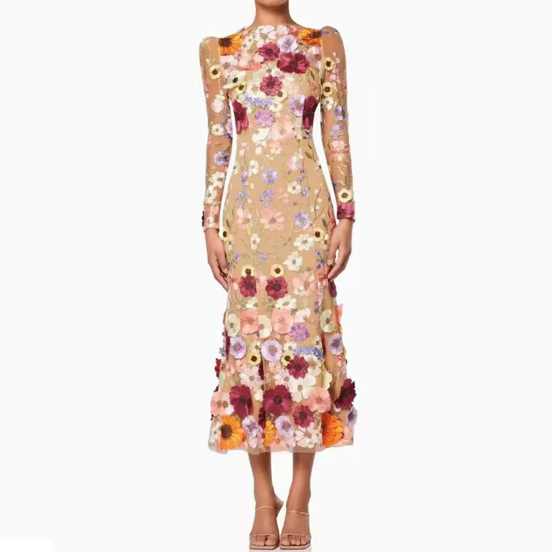 Colorful Three-dimensional Flower Embroidery Mesh Slim Fit Sheath Fishtail Dress - BabynBeauty