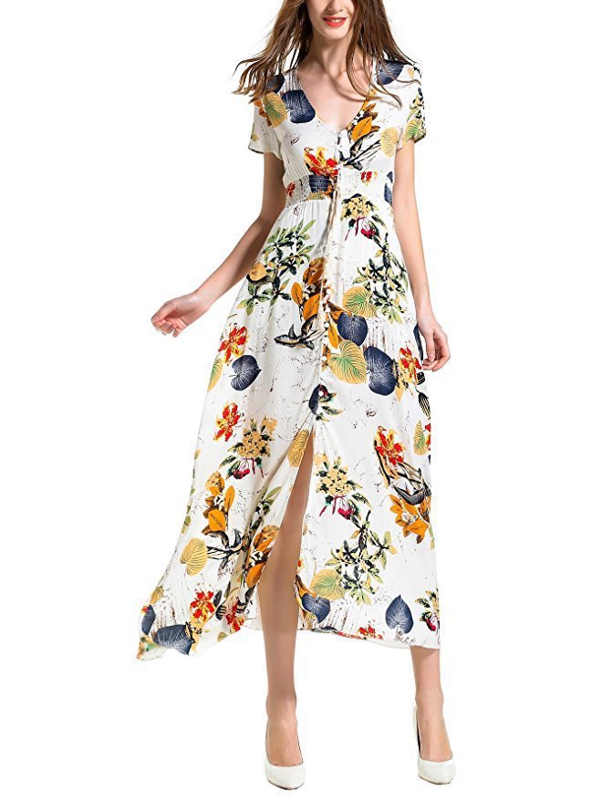 Ethnic Pattern Holiday Style V-neck Loose Long Dress