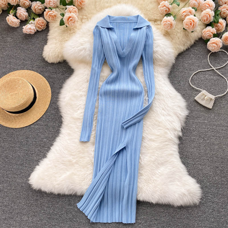 Feminine Waist And Hip Stretch Knitted Long Sleeved Split Hip Skirt