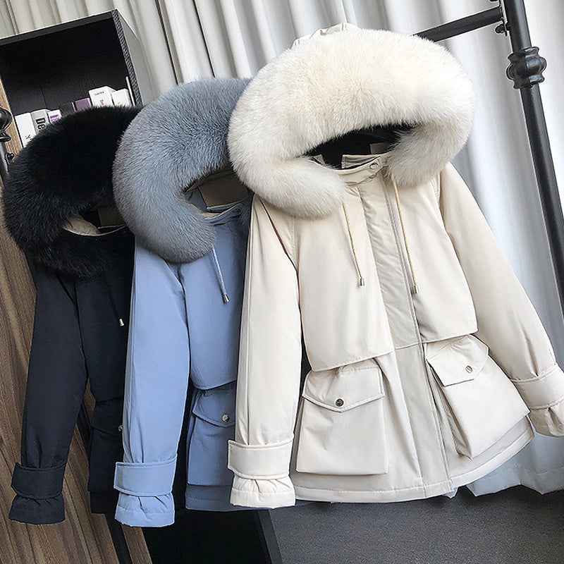 Large Natural Raccoon Fox Fur Hooded Winter Down Coat