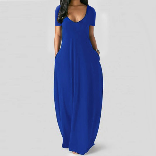 Sexy Deep V Short Sleeve Maxi Dress With Pockets