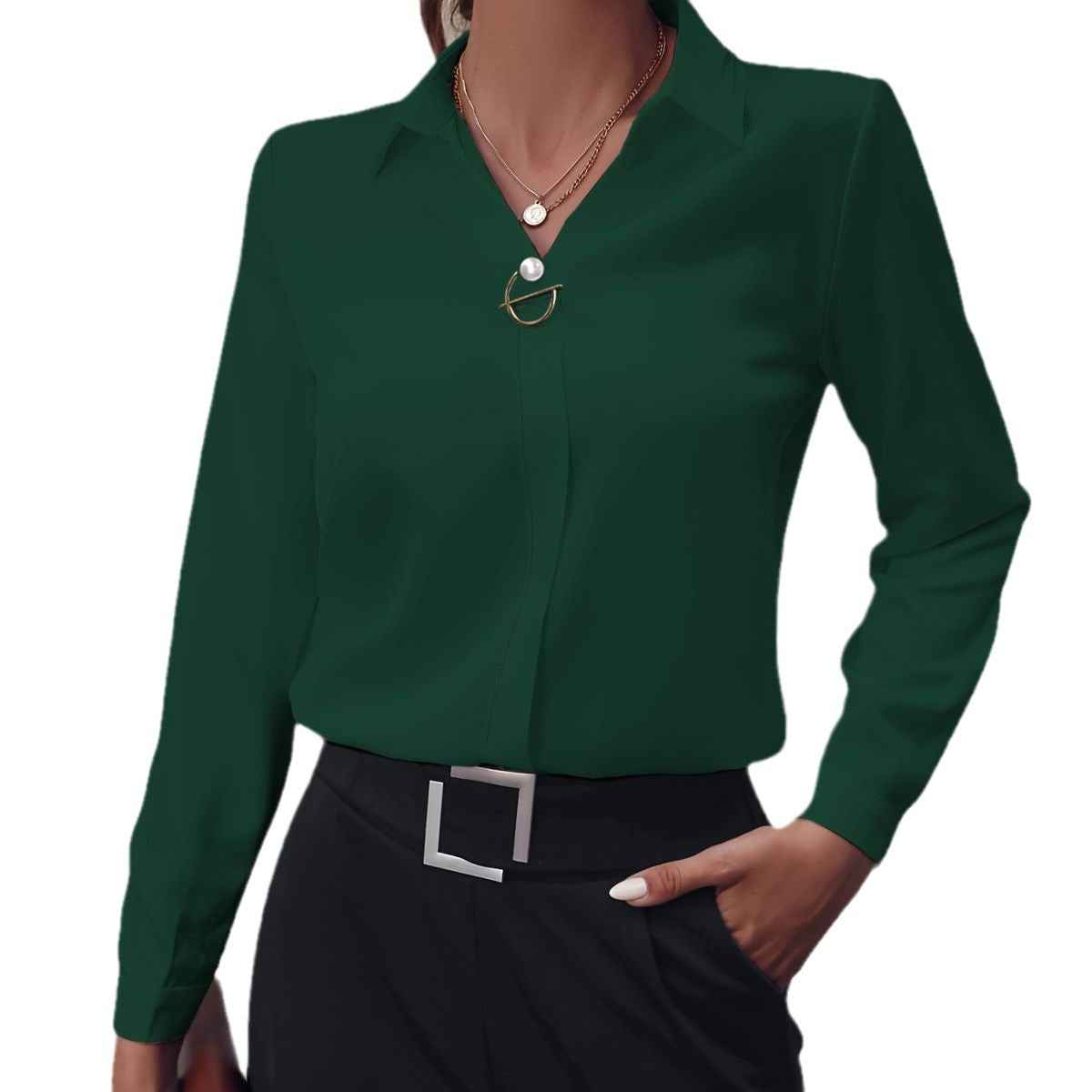 Commuter V-neck Long-sleeved Shirts Ins Fashion Solid Color Pullover Top Autumn And Spring Women's Clothing