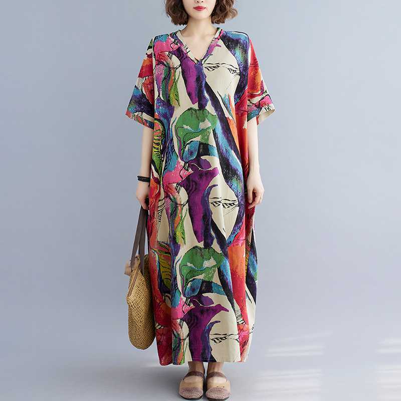 Cotton And Linen Printed Loose Plus Size Simple Vacation Style Long Dress For Women